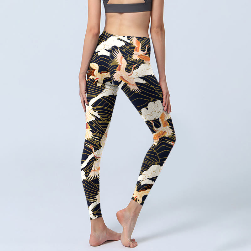 Buddha Stones, Mandschurenkraniche, Wolken, Meereswellenmuster, Druck, Fitnessstudio-Leggings, Damen-Yogahose - image 5