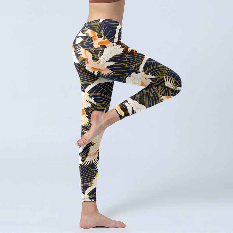 Buddha Stones, Mandschurenkraniche, Wolken, Meereswellenmuster, Druck, Fitnessstudio-Leggings, Damen-Yogahose - image 3