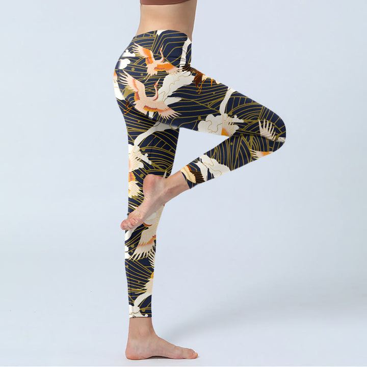 Buddha Stones, Mandschurenkraniche, Wolken, Meereswellenmuster, Druck, Fitnessstudio-Leggings, Damen-Yogahose - image 3