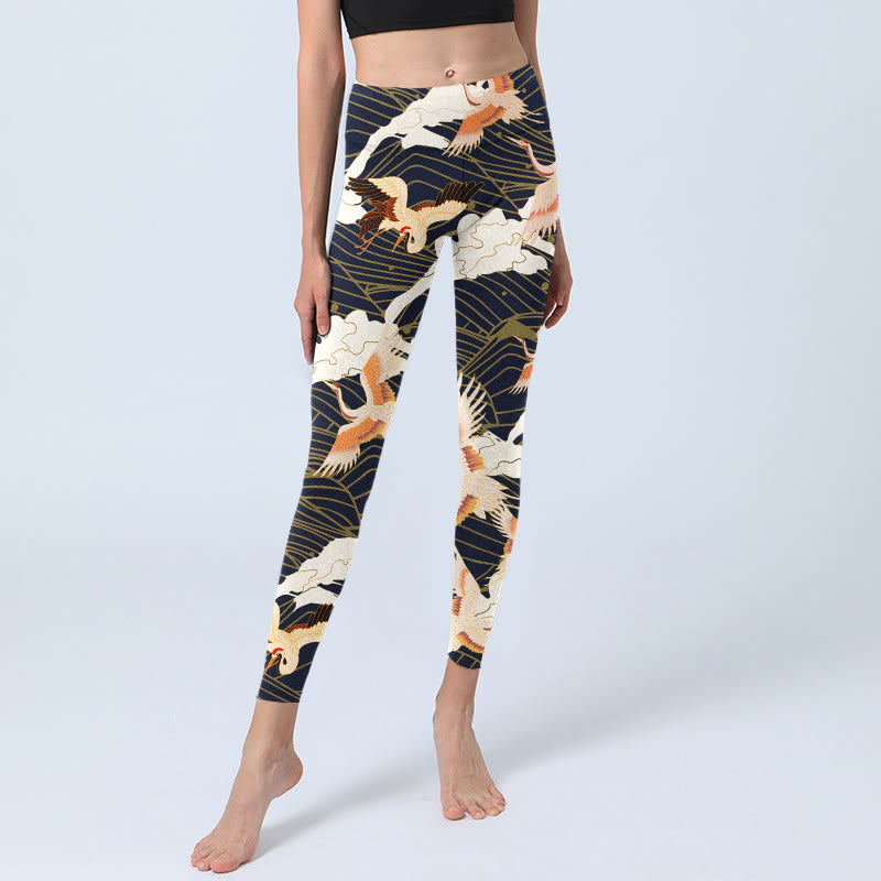 Buddha Stones, Mandschurenkraniche, Wolken, Meereswellenmuster, Druck, Fitnessstudio-Leggings, Damen-Yogahose - image 6