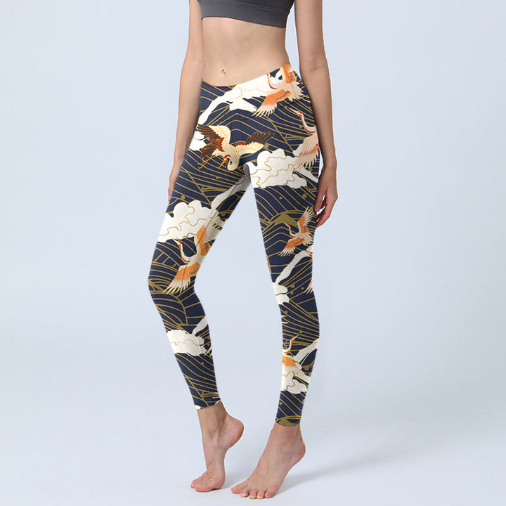 Buddha Stones, Mandschurenkraniche, Wolken, Meereswellenmuster, Druck, Fitnessstudio-Leggings, Damen-Yogahose - Schwarz - US18， UK/AU22，EU50 (4XL) - image 1