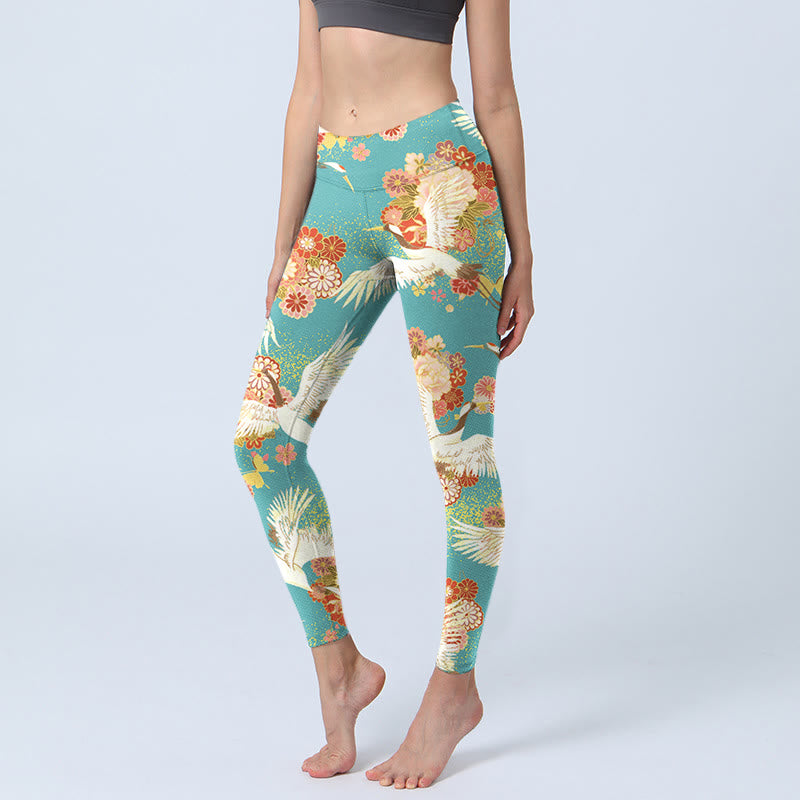 Buddha Stones, Mandschurenkraniche, Pfingstrosen, Blumen, Schmetterlingsmuster, Druck, Gym-Leggings, Damen-Yogahose - Mitteltürkis - US18, UK/AU22, EU50 (4XL) - image 0