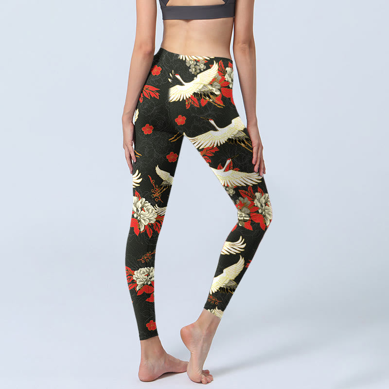 Buddha Stones, Mandschurenkraniche, Pfingstrosenblumen, Musterdruck, Gym-Leggings für Damen, Yoga-Hose - image 4
