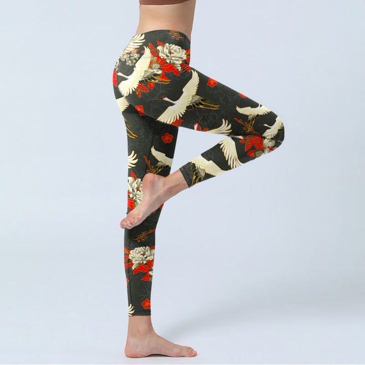 Buddha Stones, Mandschurenkraniche, Pfingstrosenblumen, Musterdruck, Gym-Leggings für Damen, Yoga-Hose - image 3