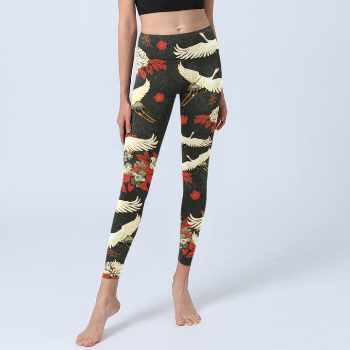 Buddha Stones, Mandschurenkraniche, Pfingstrosenblumen, Musterdruck, Gym-Leggings für Damen, Yoga-Hose - image 5