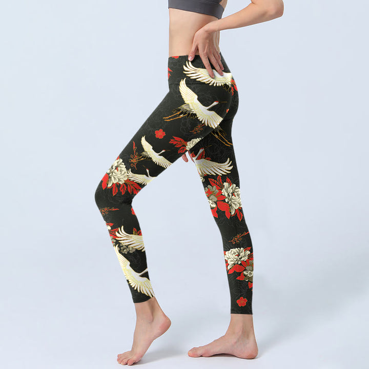 Buddha Stones, Mandschurenkraniche, Pfingstrosenblumen, Musterdruck, Gym-Leggings für Damen, Yoga-Hose - image 3
