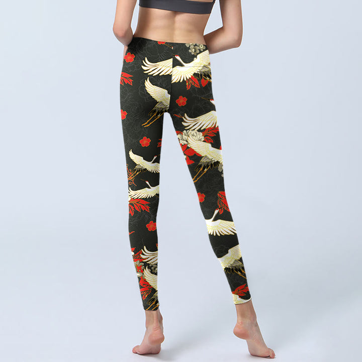 Buddha Stones, Mandschurenkraniche, Pfingstrosenblumen, Musterdruck, Gym-Leggings für Damen, Yoga-Hose - image 7