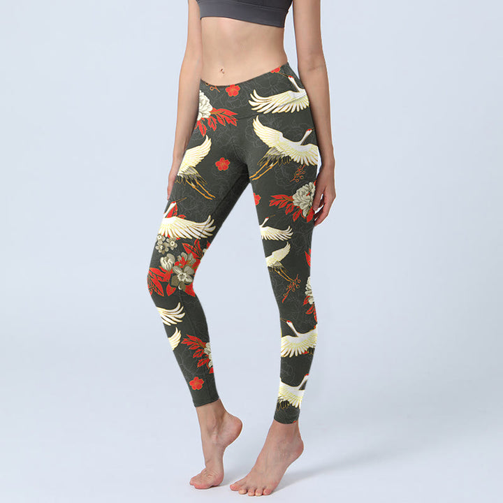 Buddha Stones, Mandschurenkraniche, Pfingstrosenblumen, Musterdruck, Gym-Leggings für Damen, Yoga-Hose - DimGray - US18, UK/AU22, EU50 (4XL) - image 0