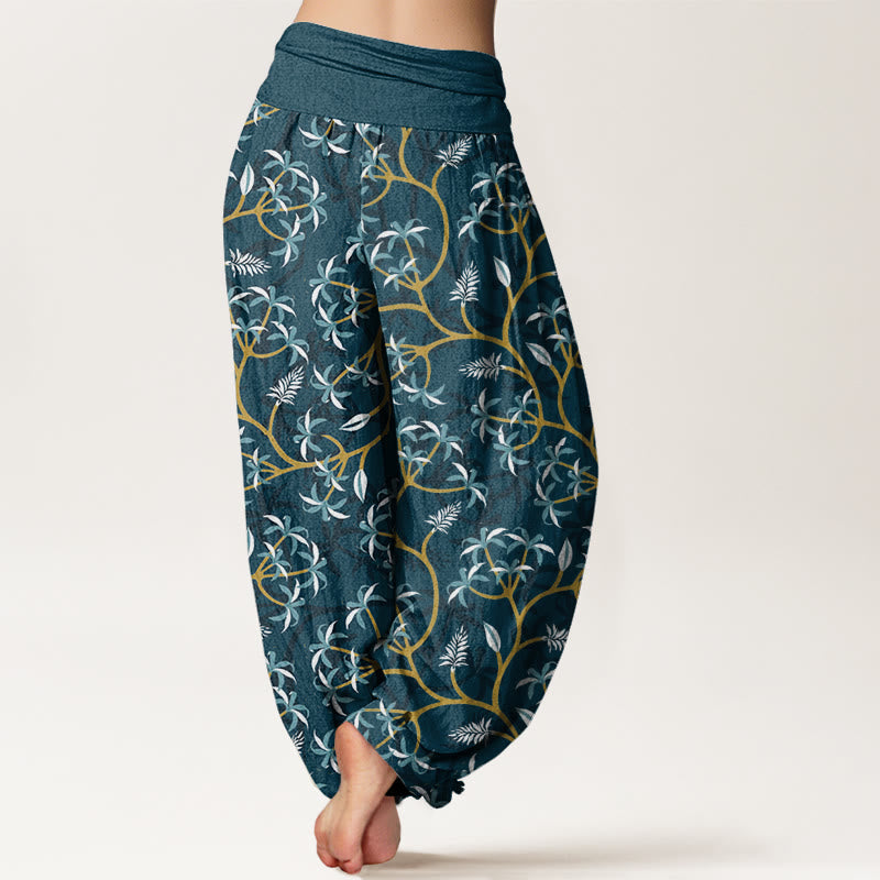 Haremshose mit Buddha Stones, goldenen Zweigen, Blättern und Blumenmuster für Damen, elastische Taille - image 2