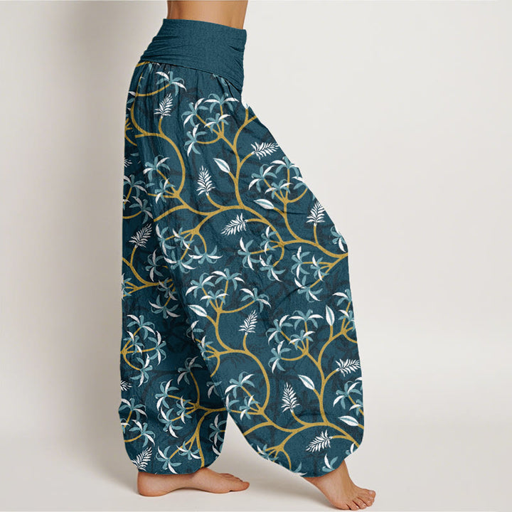 Haremshose mit Buddha Stones, goldenen Zweigen, Blättern und Blumenmuster für Damen, elastische Taille - image 3
