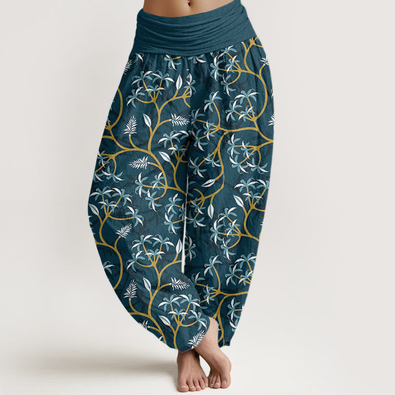Haremshose mit Buddha Stones, goldenen Zweigen, Blättern und Blumenmuster für Damen, elastische Taille - Blaugrün - US22， UK/AU26，EU54 (6XL) - image 1