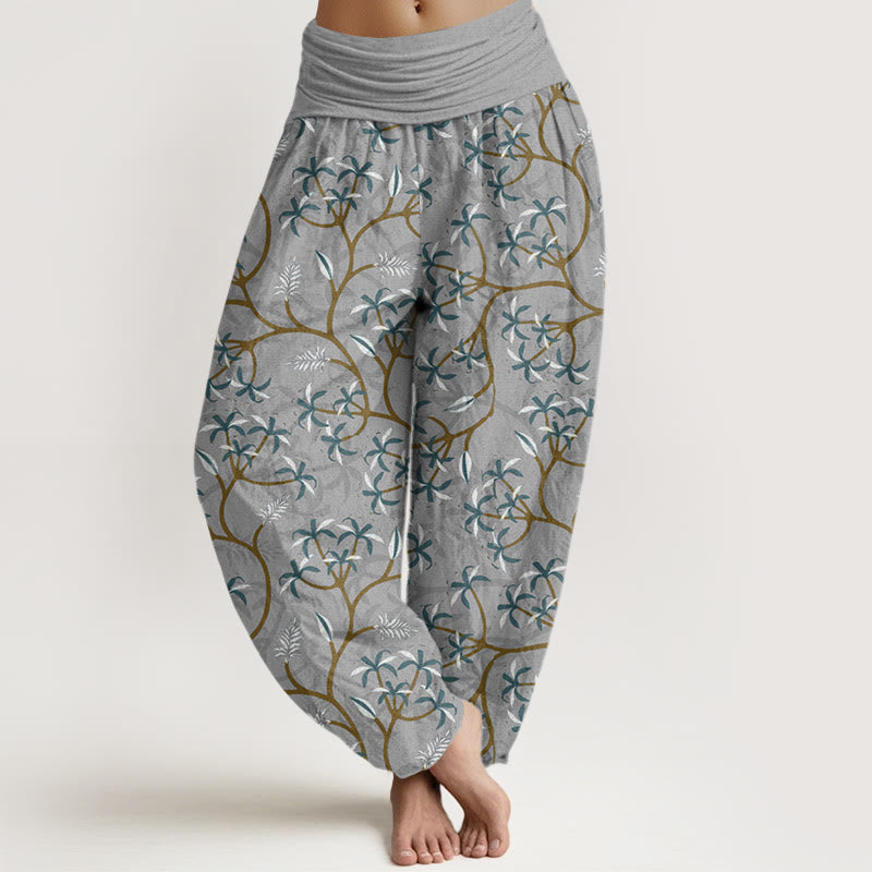 Haremshose mit Buddha Stones, goldenen Zweigen, Blättern und Blumenmuster für Damen, elastische Taille - Silber - US22， UK/AU26，EU54 (6XL) - image 5