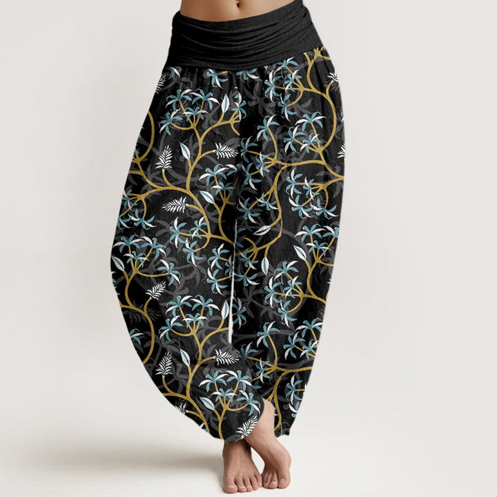 Haremshose mit Buddha Stones, goldenen Zweigen, Blättern und Blumenmuster für Damen, elastische Taille - Schwarz - US22， UK/AU26，EU54 (6XL) - image 8