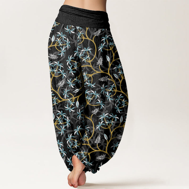 Haremshose mit Buddha Stones, goldenen Zweigen, Blättern und Blumenmuster für Damen, elastische Taille - image 9