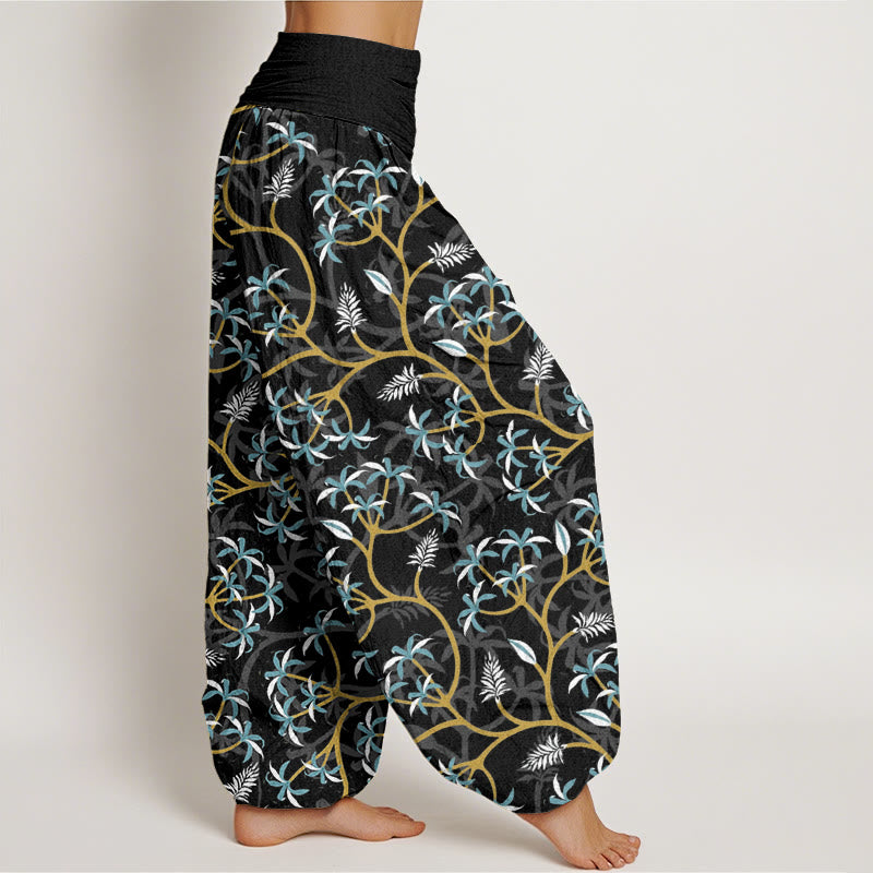 Haremshose mit Buddha Stones, goldenen Zweigen, Blättern und Blumenmuster für Damen, elastische Taille - image 10