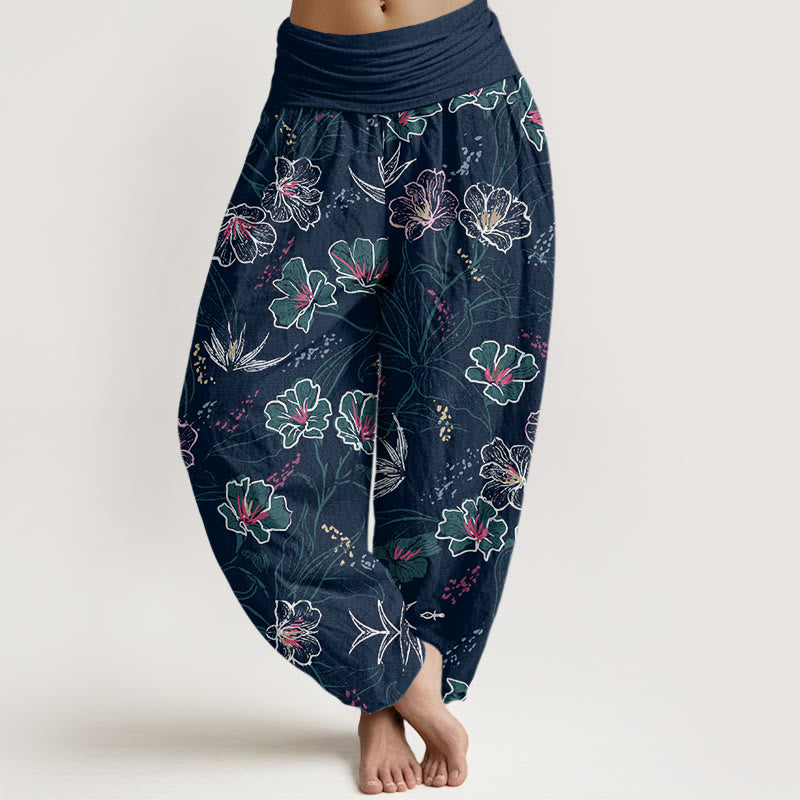 Buddha Stones Lässige Haremshose für Damen mit elastischer Taille und tropischem Blumen-Laubmuster - Mitternachtsblau - US22， UK/AU26，EU54 (6XL) - image 1