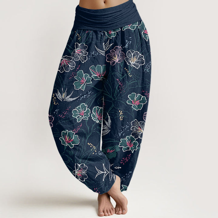 Buddha Stones Lässige Haremshose für Damen mit elastischer Taille und tropischem Blumen-Laubmuster - Mitternachtsblau - US22， UK/AU26，EU54 (6XL) - image 1