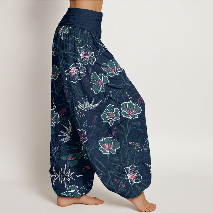 Buddha Stones Lässige Haremshose für Damen mit elastischer Taille und tropischem Blumen-Laubmuster - image 3