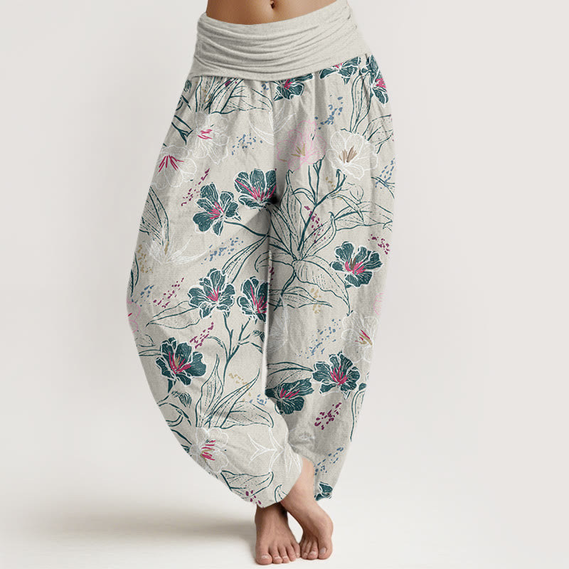 Buddha Stones Lässige Haremshose für Damen mit elastischer Taille und tropischem Blumen-Laubmuster - Weißer Rauch - US22， UK/AU26，EU54 (6XL) - image 5