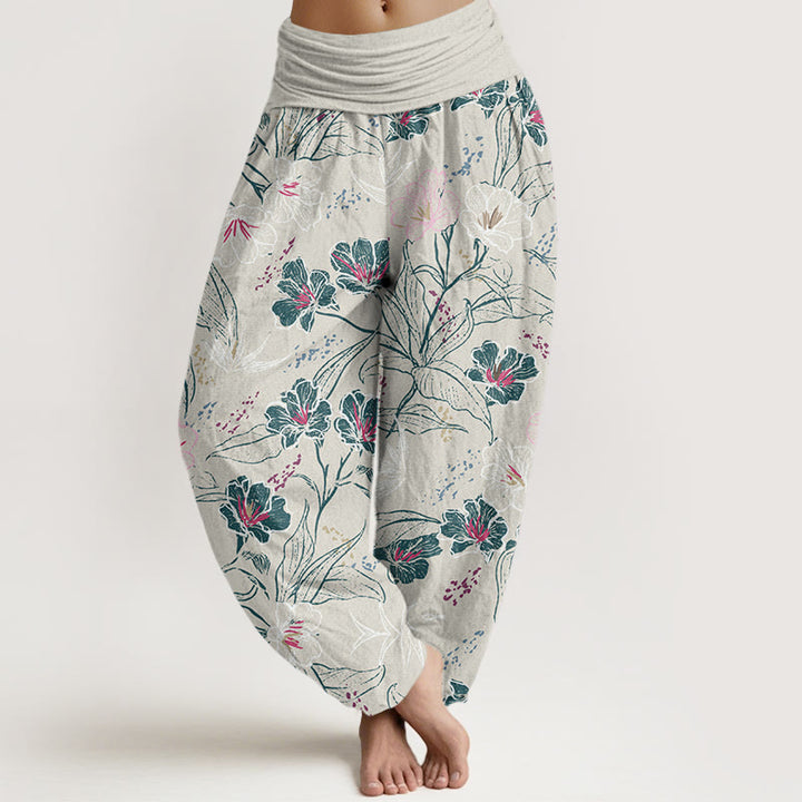 Buddha Stones Lässige Haremshose für Damen mit elastischer Taille und tropischem Blumen-Laubmuster - Weißer Rauch - US22， UK/AU26，EU54 (6XL) - image 5