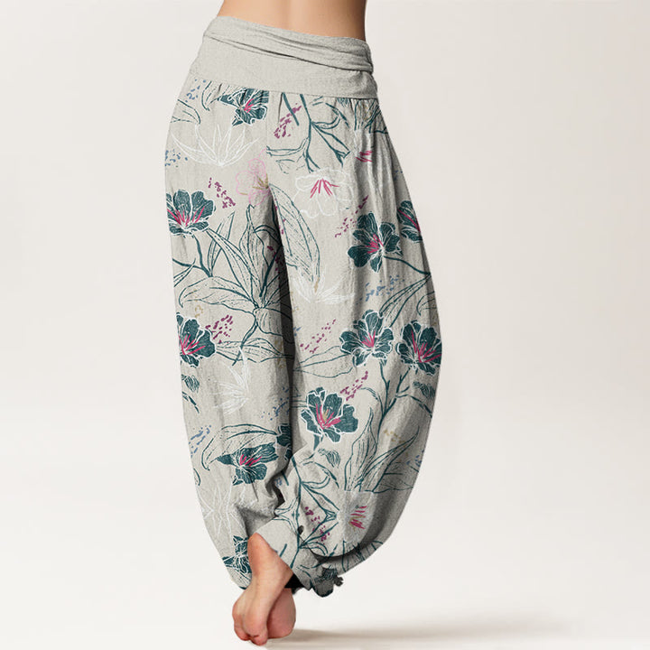 Buddha Stones Lässige Haremshose für Damen mit elastischer Taille und tropischem Blumen-Laubmuster - image 6