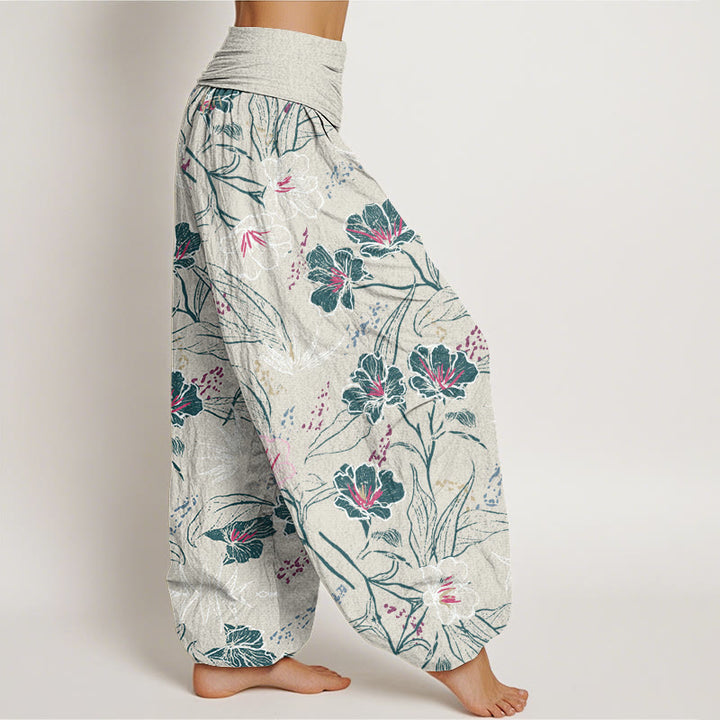 Buddha Stones Lässige Haremshose für Damen mit elastischer Taille und tropischem Blumen-Laubmuster - image 7