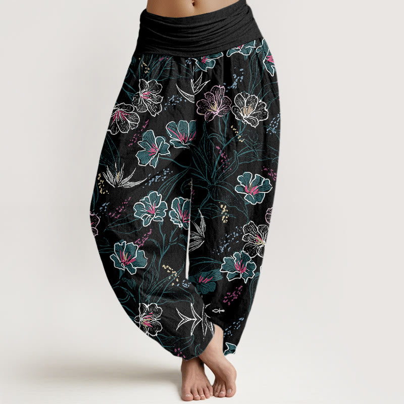 Buddha Stones Lässige Haremshose für Damen mit elastischer Taille und tropischem Blumen-Laubmuster - Schwarz - US22， UK/AU26，EU54 (6XL) - image 8