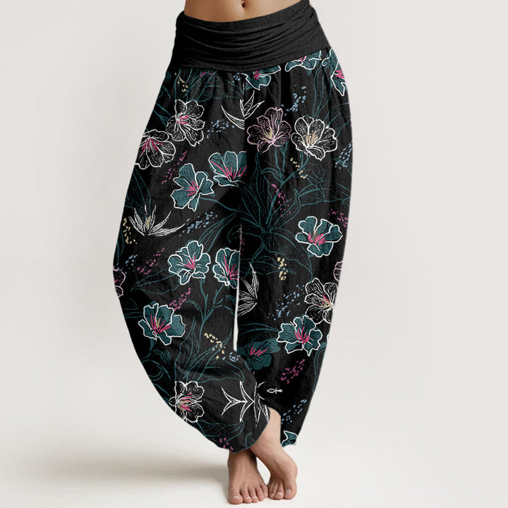 Buddha Stones Lässige Haremshose für Damen mit elastischer Taille und tropischem Blumen-Laubmuster - Schwarz - US22， UK/AU26，EU54 (6XL) - image 8