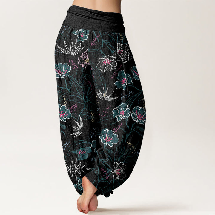Buddha Stones Lässige Haremshose für Damen mit elastischer Taille und tropischem Blumen-Laubmuster - image 9