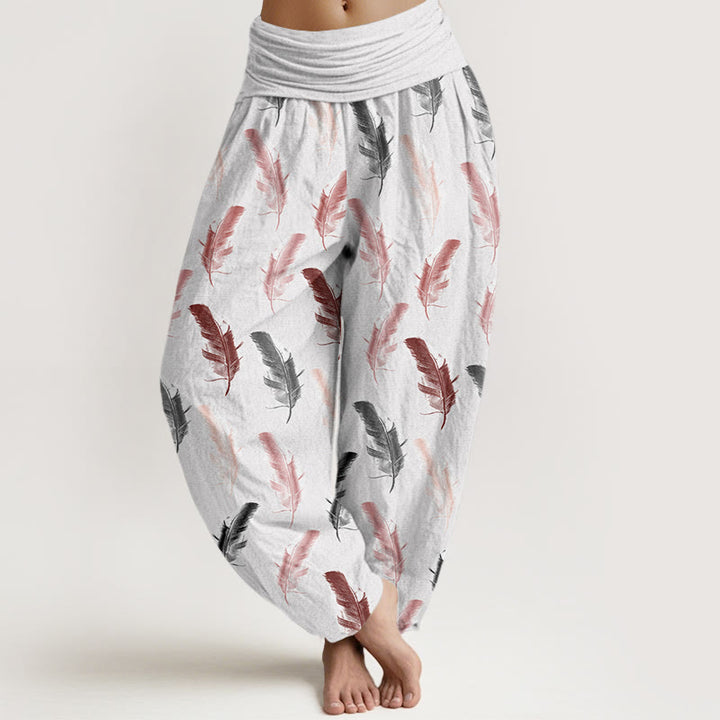 Buddha Stones Lässige Haremshose für Damen mit elastischer Taille und tropischem Blumen-Laubmuster - Weißer Rauch - US22， UK/AU26，EU54 (6XL) - image 1