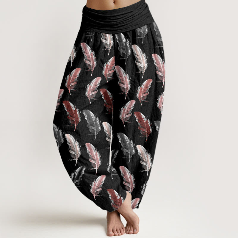 Buddha Stones Lässige Haremshose für Damen mit elastischer Taille und tropischem Blumen-Laubmuster - Schwarz - US22， UK/AU26，EU54 (6XL) - image 5