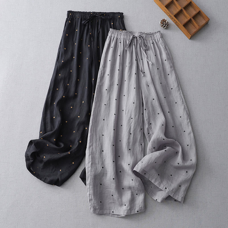 Buddha Stones Sommer-Hose aus lässigem Baumwollleinen mit weitem Bein und Taschen