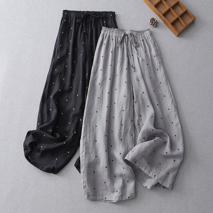 Buddha Stones Sommer-Hose aus lässigem Baumwollleinen mit weitem Bein und Taschen