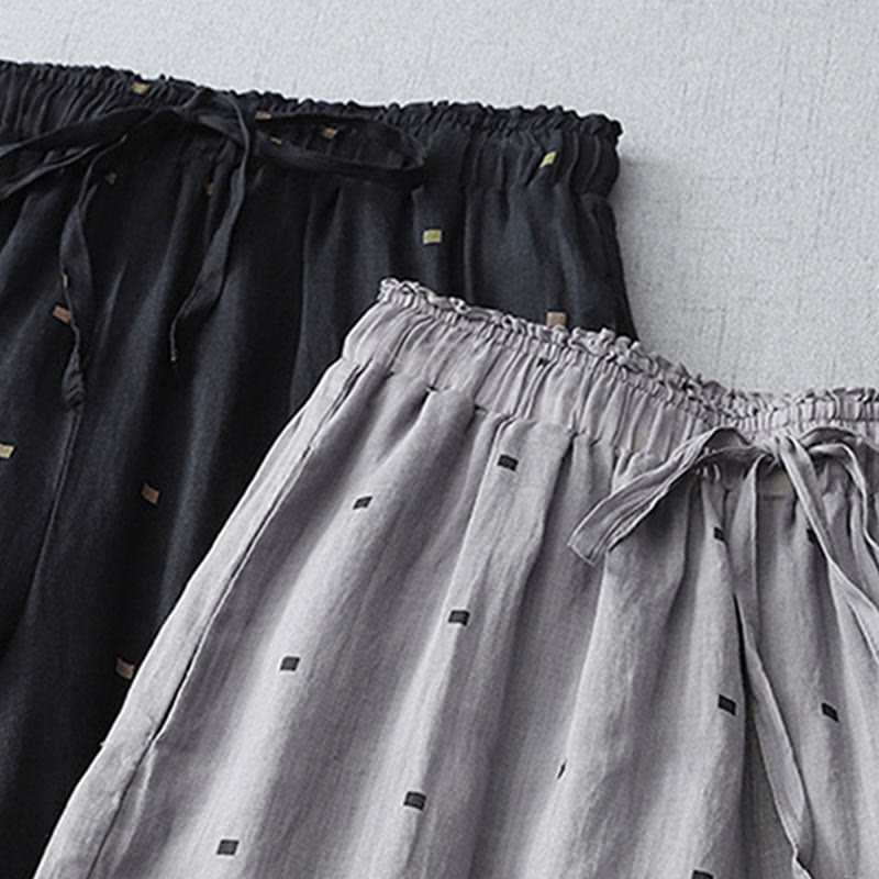 Buddha Stones Sommer-Hose aus lässigem Baumwollleinen mit weitem Bein und Taschen
