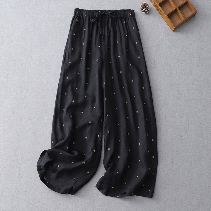 Buddha Stones Sommer-Hose aus lässigem Baumwollleinen mit weitem Bein und Taschen