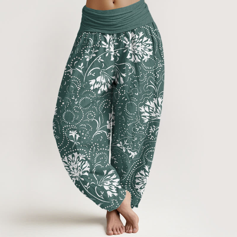 Buddha Stones Lässige Haremshose mit Blumenmuster und elastischer Taille für Damen - CadetBlue - US22， UK/AU26，EU54 (6XL) - image 1