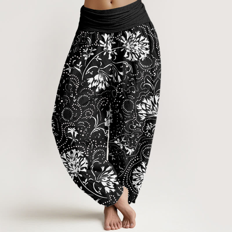 Buddha Stones Lässige Haremshose mit Blumenmuster und elastischer Taille für Damen - Schwarz - US22， UK/AU26，EU54 (6XL) - image 5