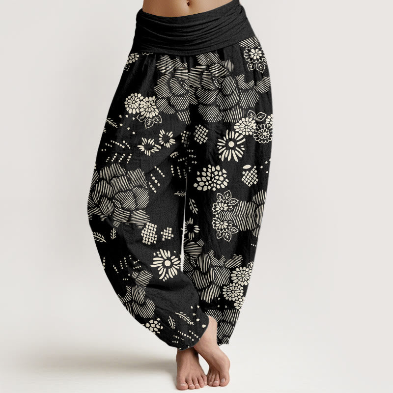 Lässige Haremshose mit Blumenmuster und Buddha Stones für Damen, elastische Taille - Schwarz - US22， UK/AU26，EU54 (6XL) - image 1