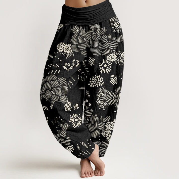 Lässige Haremshose mit Blumenmuster und Buddha Stones für Damen, elastische Taille - Schwarz - US22， UK/AU26，EU54 (6XL) - image 1