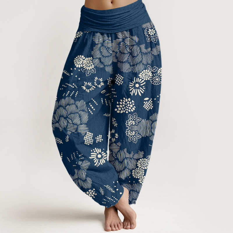 Lässige Haremshose mit Blumenmuster und Buddha Stones für Damen, elastische Taille - Königsblau - US22， UK/AU26，EU54 (6XL) - image 8