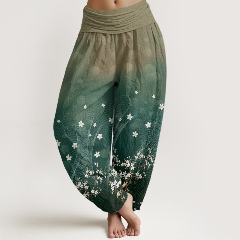 Lässige Haremshose mit Blumenmuster und gewellten Linien, kreisförmigen Lichtpunkten und Buddha Stones, elastischer Taille für Damen - DunkelCyan - US22， UK/AU26，EU54 (6XL) - image 1