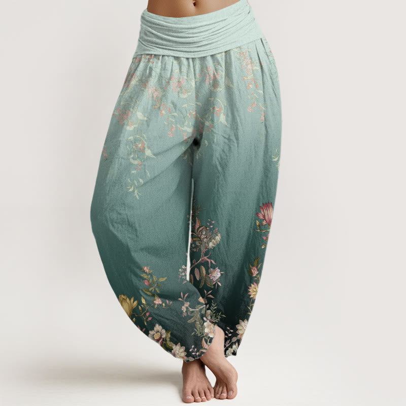 Buddha Stones Lässige Haremshose mit Farbverlauf und zartem Blumen- und Blattmuster für Damen, elastische Taille - HellMeerGrün - US22， UK/AU26，EU54 (6XL) - image 1