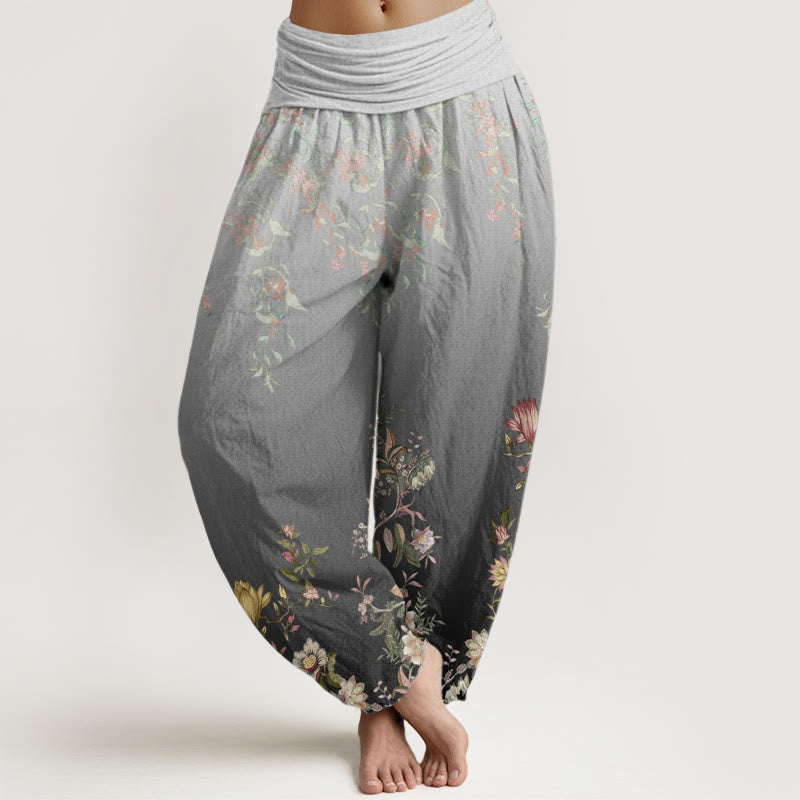 Buddha Stones Lässige Haremshose mit Farbverlauf und zartem Blumen- und Blattmuster für Damen, elastische Taille - HellSchiefergrau - US22， UK/AU26，EU54 (6XL) - image 5