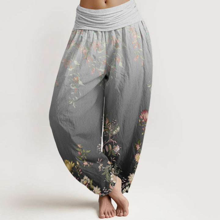 Buddha Stones Lässige Haremshose mit Farbverlauf und zartem Blumen- und Blattmuster für Damen, elastische Taille - HellSchiefergrau - US22， UK/AU26，EU54 (6XL) - image 5