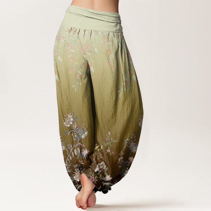 Buddha Stones Lässige Haremshose mit Farbverlauf und zartem Blumen- und Blattmuster für Damen, elastische Taille - image 9