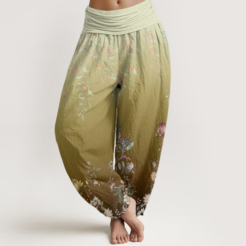 Buddha Stones Lässige Haremshose mit Farbverlauf und zartem Blumen- und Blattmuster für Damen, elastische Taille - DunkelKhaki - US22， UK/AU26，EU54 (6XL) - image 8