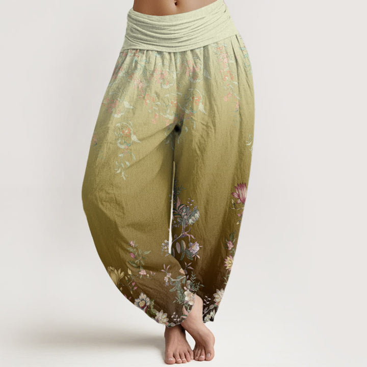 Buddha Stones Lässige Haremshose mit Farbverlauf und zartem Blumen- und Blattmuster für Damen, elastische Taille - DunkelKhaki - US22， UK/AU26，EU54 (6XL) - image 8