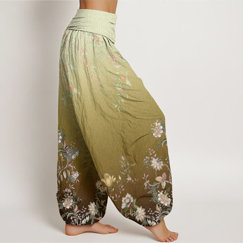 Buddha Stones Lässige Haremshose mit Farbverlauf und zartem Blumen- und Blattmuster für Damen, elastische Taille - image 10