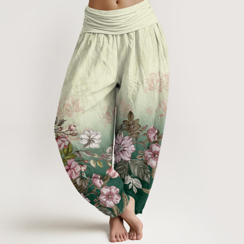Buddha Stones Lässige Haremshose mit Farbverlauf, Blütenblättern und Blättern, elastischer Taille für Damen - Grün - US22， UK/AU26，EU54 (6XL) - image 1