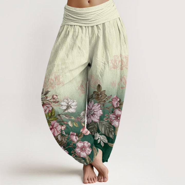 Buddha Stones Lässige Haremshose mit Farbverlauf, Blütenblättern und Blättern, elastischer Taille für Damen - Grün - US22， UK/AU26，EU54 (6XL) - image 1